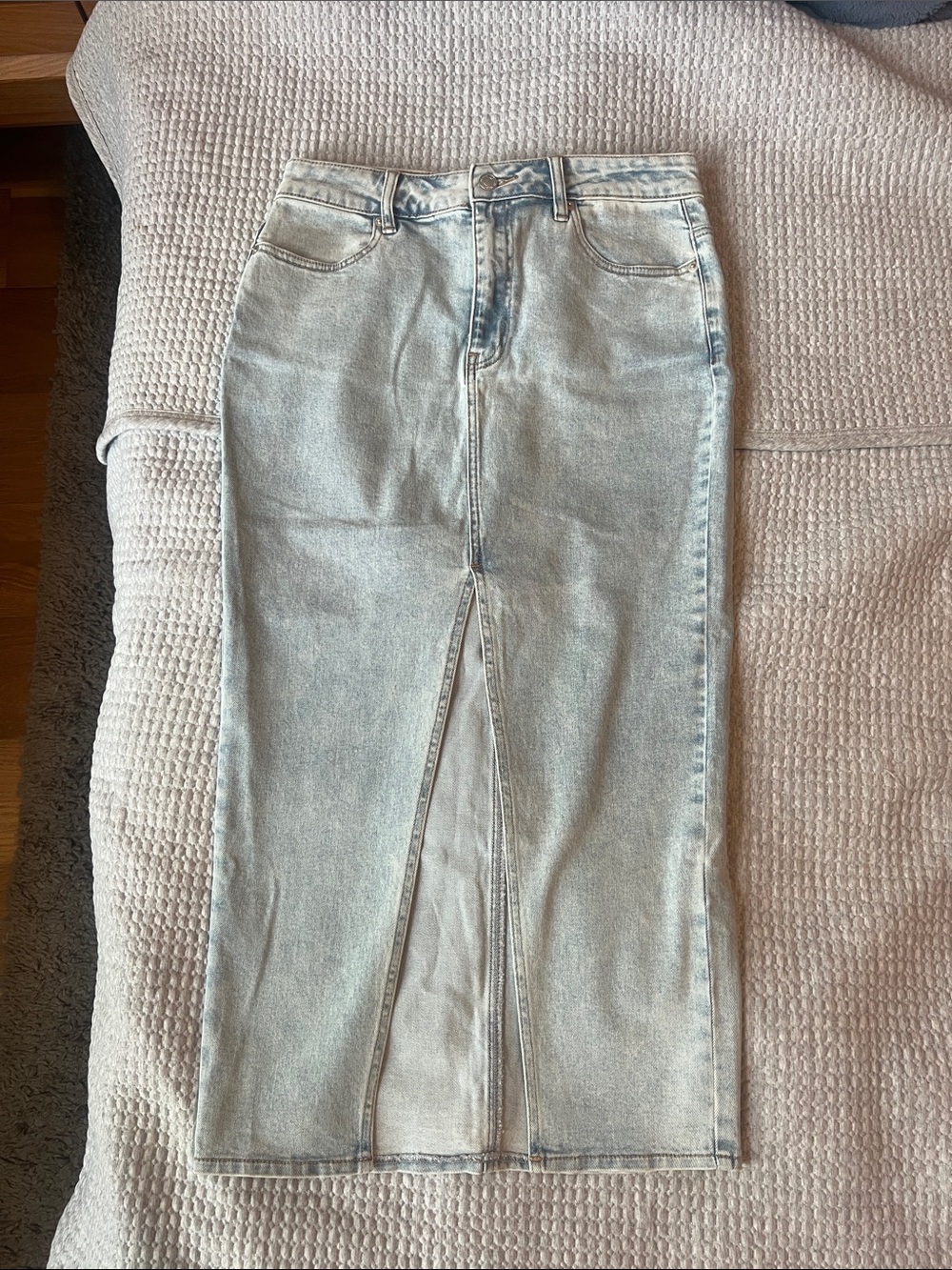 Meshki Light Blue Washed Denim Maxi Skirt with Front Slit
